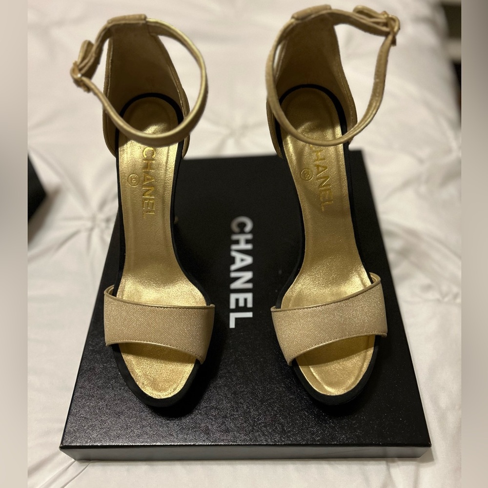 Chanel gold & black ankle strap heels -39 (US 8.5-9)